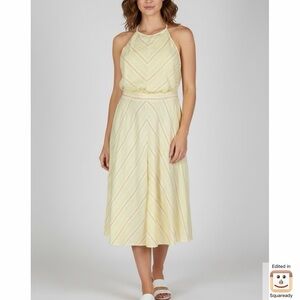 NY&CO Butter Yellow White Striped Chevron Linen Midi Maxi Halter Sun Dress XL